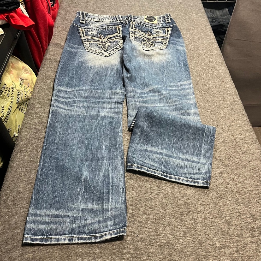 Rock Revival Warren Straight Distressed Jeans Mens 36x32 Blue Boot Cut Fit